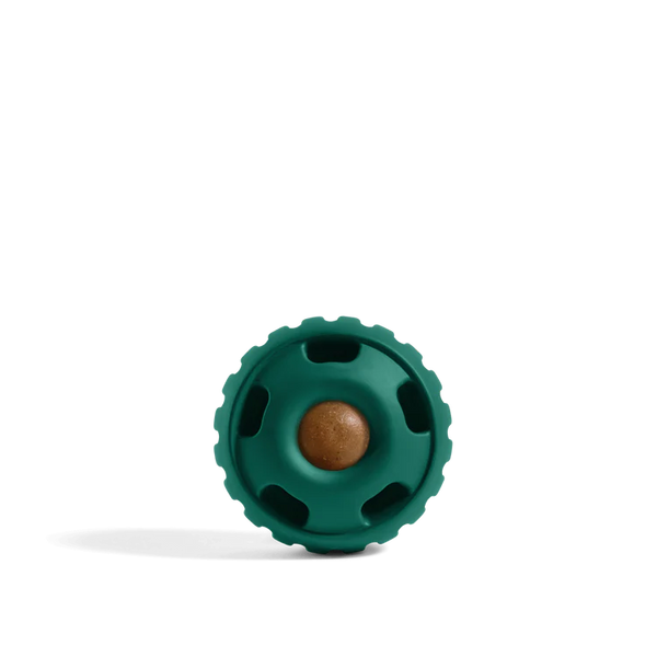 Front view of the Woof Pupsicle in Green, showcasing its durable design and easy-to-open twist mechanism for treat-filled fun.