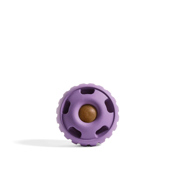 Lavender Woof Pupsicle dog toy with twist-open design, ideal for long-lasting treat dispensing, mess-free enrichment, and calming mental stimulation.