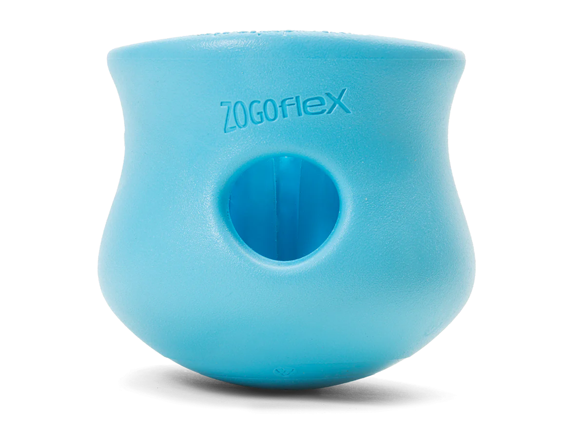 Close-up image of the West Paw Toppl toy in blue, highlighting its color and design.