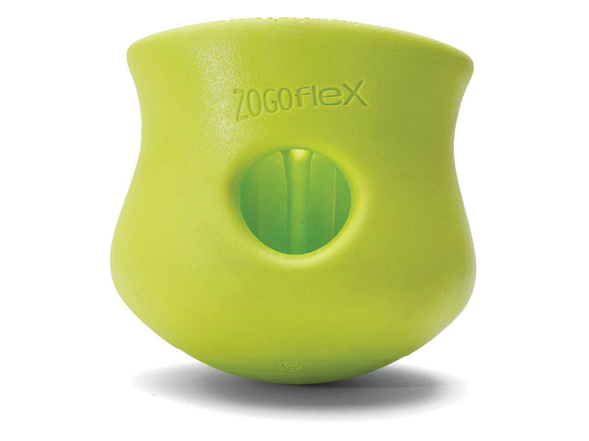 Close-up image of the West Paw Toppl toy in green, showcasing its vibrant color and durable construction.