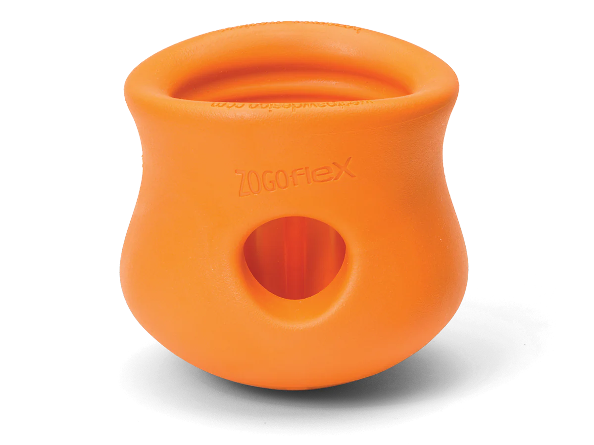 Close-up image of the West Paw Toppl toy in orange, emphasizing its bright color and unique design.