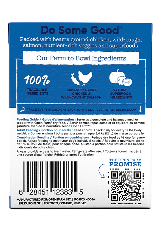 Image showing the back of the Open Farm - Chicken & Salmon Rustic Stew packaging, showcasing ingredients and nutritional information.