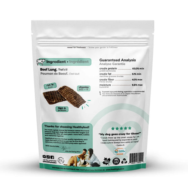 Back of Healthybud Beef Lung Dog Treats bag displaying the nutritional information and ingredient list, emphasizing that the treats are made from 100% beef lung with no additives or preservatives. Highlights the high protein and iron content that supports strong muscles, bone health, and vitality in dogs while being light, low-fat, and easily digestible for everyday feeding or training rewards.