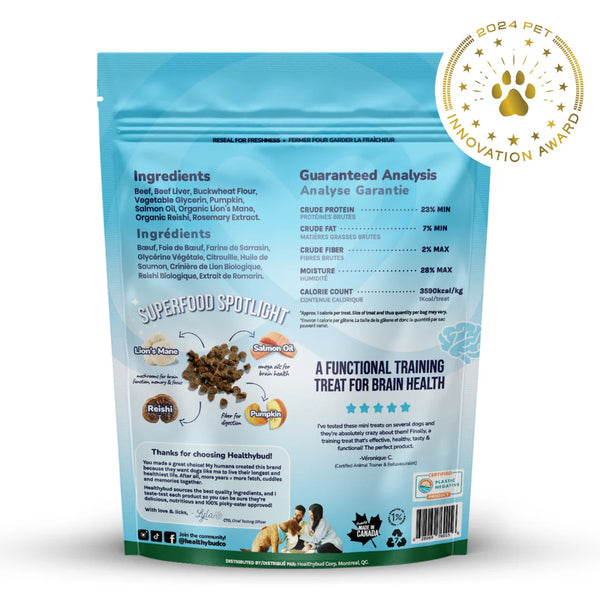 Detailed view of the ingredient list and guaranteed analysis, showcasing the natural, low-calorie formula with no artificial additives.