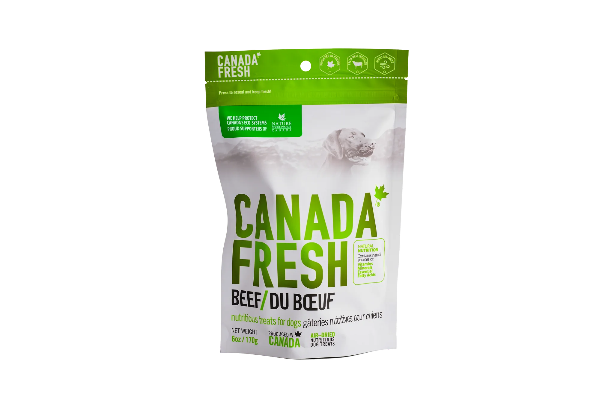 Front of PetKind Canada Fresh Beef Treats bag, highlighting air-dried, nutritious beef treats for dogs.