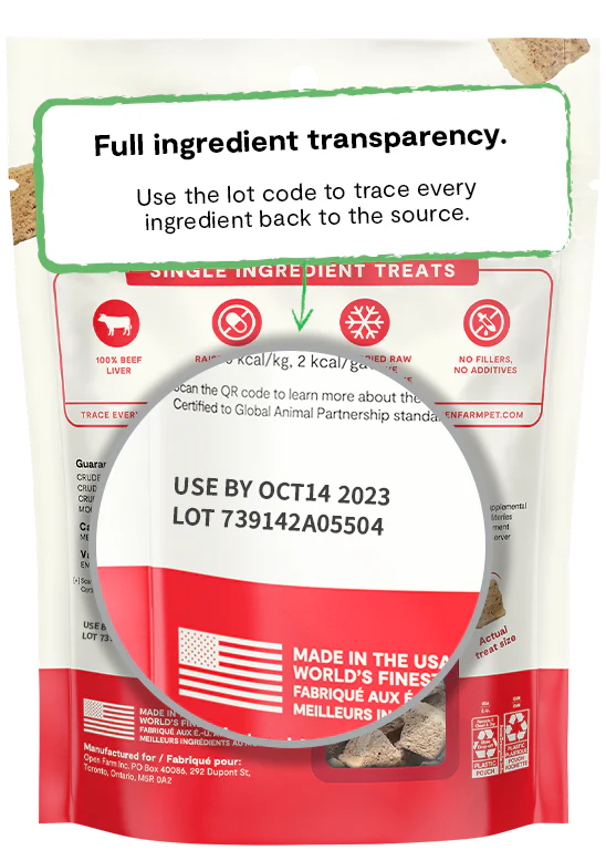 "Transparency details on the back of Open Farm Freeze-Dried Beef Liver Dog Treats bag"