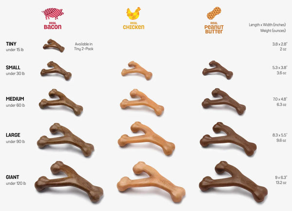 Benebone Wishbone in all available sizes and flavours: small, medium, large, and giant, with options in bacon, chicken, and peanut butter.