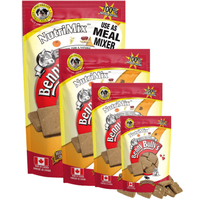 An image of the front of the Benny Bully Nutrimix showcasing the different sizes available