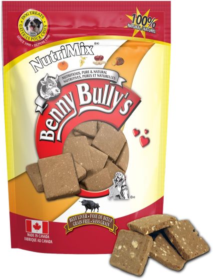 An image of the front of the Benny Bully Nutrimix Treats bag, highlighting the blend of beef liver, pumpkin, apple, banana, and sweet potato.