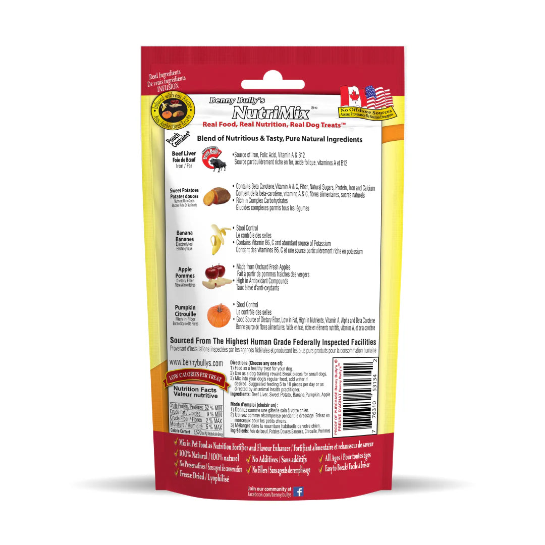 An image of the back of the Benny Bully Nutrimix Treats bag, displaying the nutritional information and list of ingredients.