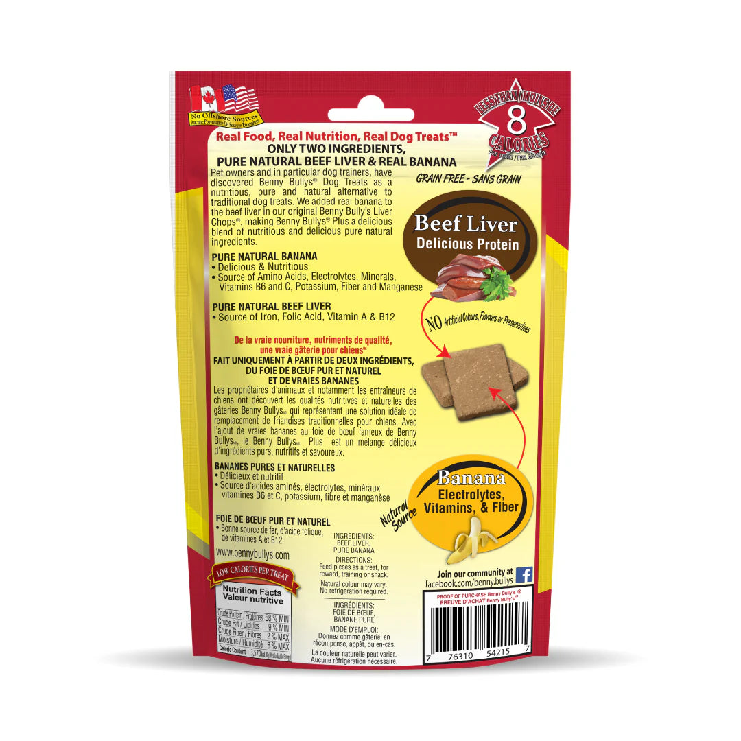 Back view of Benny Bullys Beef Liver + Banana treats bag with nutritional information and ingredients