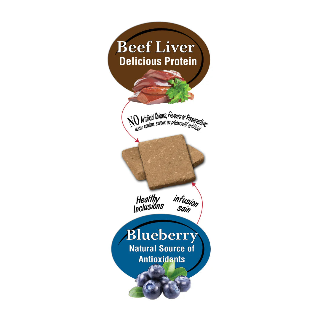 Close-up image of Benny Bullys - Beef Liver + Blueberry treats showing texture and quality.