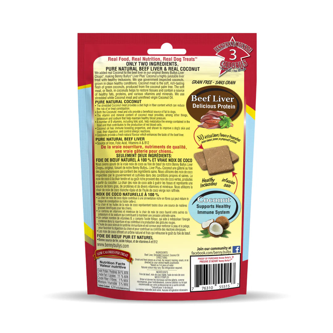 Back view of Benny Bullys Beef Liver + Coconut treats bag with nutritional information and ingredients