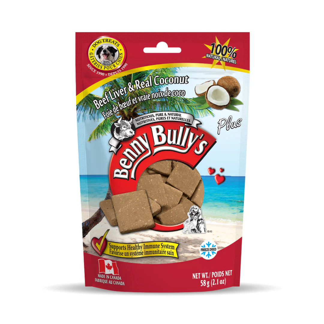 Front view of Benny Bullys Beef Liver + Coconut treats bag