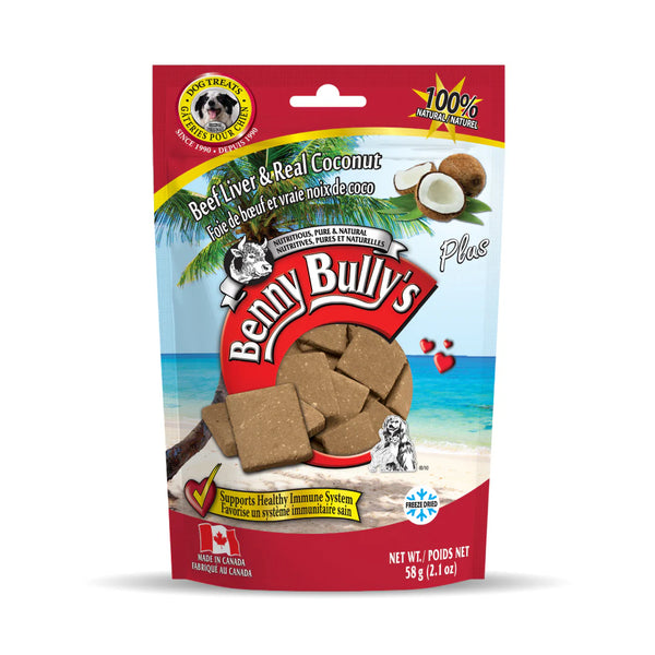 Front view of Benny Bullys Beef Liver + Coconut treats bag