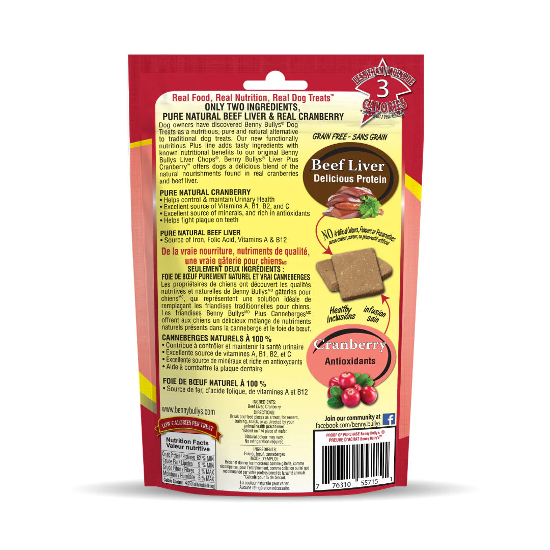 Back view of Benny Bullys Beef Liver + Cranberry treats bag with nutritional information and ingredients