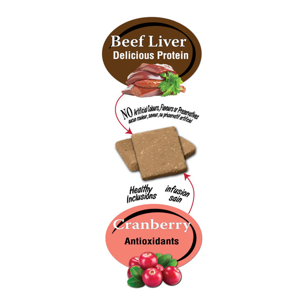 Close-up view of Benny Bullys Beef Liver + Cranberry treats showing texture and size
