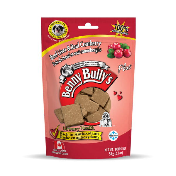 Front view of Benny Bullys Beef Liver + Cranberry treats bag