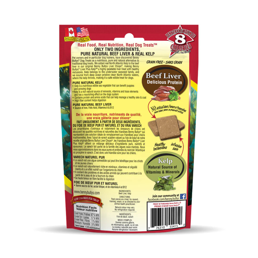 Back view of Benny Bullys Beef Liver + Kelp treats bag with nutritional information and ingredients