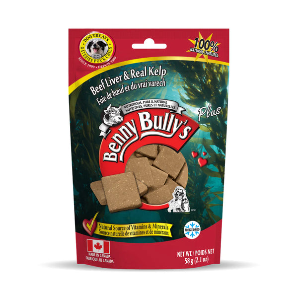 Front view of Benny Bullys Beef Liver + Kelp treats bag