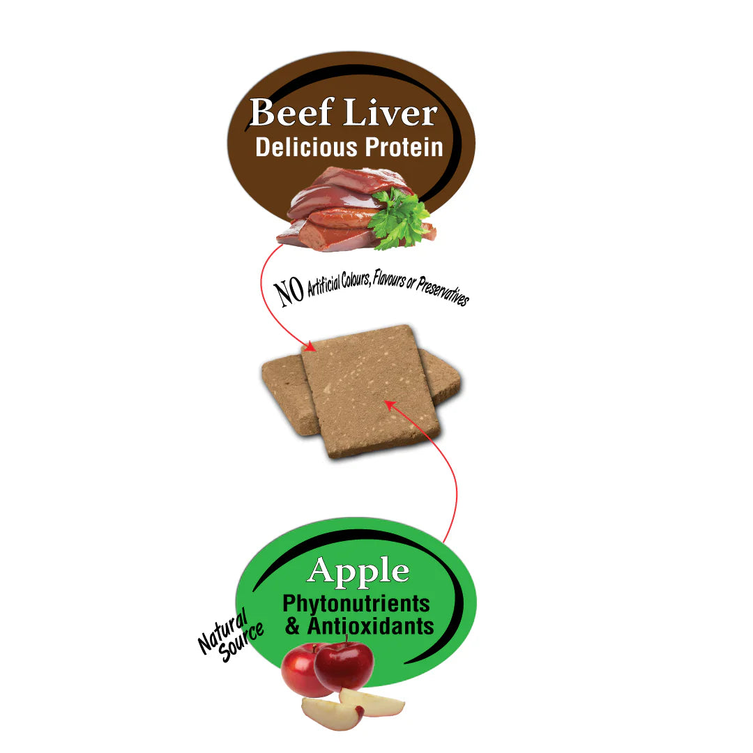 Close-up image of Benny Bullys - Beef Liver + Apple treats showing texture and quality.Close-up image of Benny Bullys - Beef Liver + Apple treats showing texture and quality.