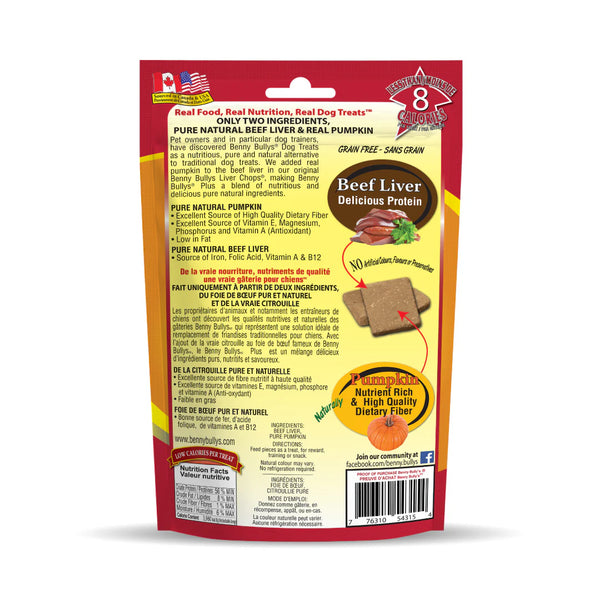 Back view of Benny Bullys - Beef Liver + Pumpkin bag highlighting the ingredients and nutritional information.