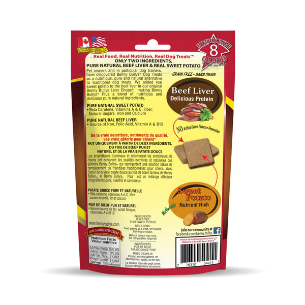 Back view of Benny Bullys - Beef Liver + Sweet Potato bag highlighting the ingredients and nutritional information.