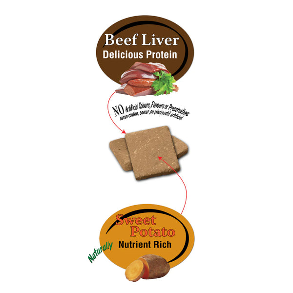 Close-up image of Benny Bullys - Beef Liver + Sweet Potato treats showing texture and quality