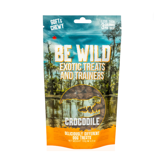 A bag of Be Wild Exotic Treats and Trainers - Crocodile, featuring hypoallergenic, high-protein training treats made with real crocodile and natural ingredients for dogs.