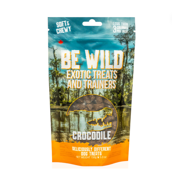 A bag of Be Wild Exotic Treats and Trainers - Crocodile, featuring hypoallergenic, high-protein training treats made with real crocodile and natural ingredients for dogs.