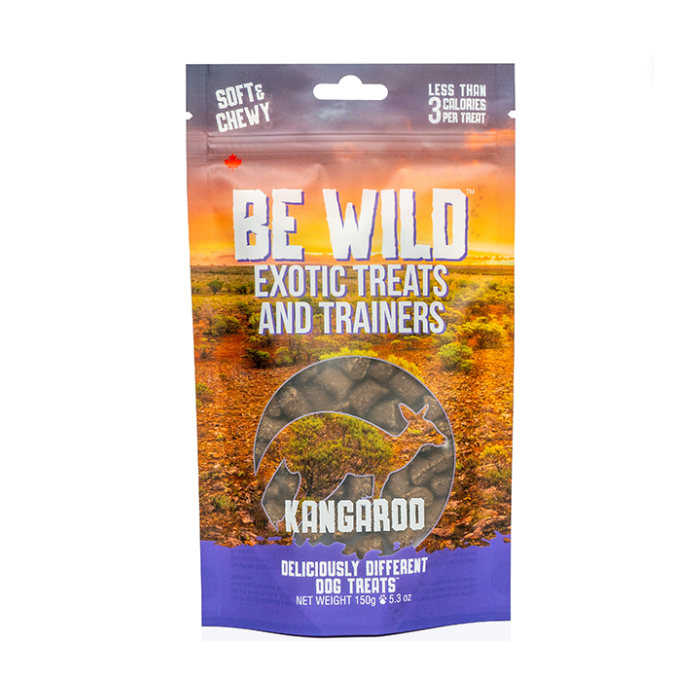 A bag of Be Wild Exotic Treats and Trainers - Kangaroo, showcasing high-protein, nutritious training treats made with lean kangaroo and wholesome ingredients for dogs.