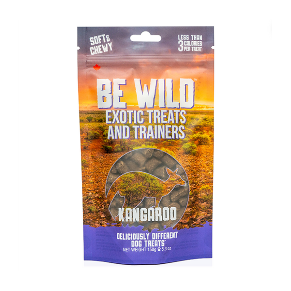 A bag of Be Wild Exotic Treats and Trainers - Kangaroo, showcasing high-protein, nutritious training treats made with lean kangaroo and wholesome ingredients for dogs.