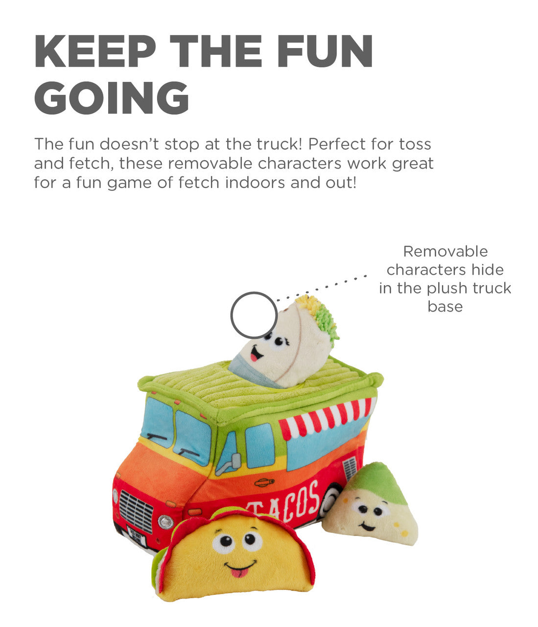 A detailed diagram highlighting the interactive hide-and-seek function, squeaky plush toys, and soft material.