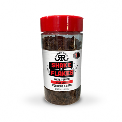 Raised Right - Shake - A - Flakes: Image displaying the product packaging, offering convenient meal toppers for pets.