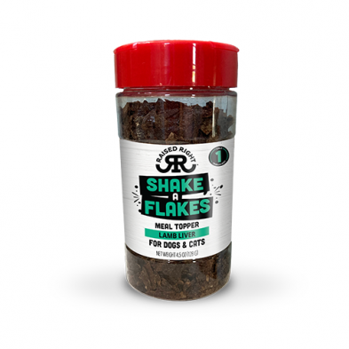 Raised Right - Shake - A - Flakes: Image displaying the product packaging, offering convenient meal toppers for pets
