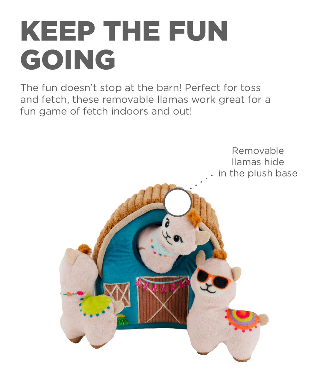 Close-up of the three plush squeaky llamas included in the Hide A Llama puzzle toy, encouraging sniffing, hunting, and fetch play for dogs of all ages.