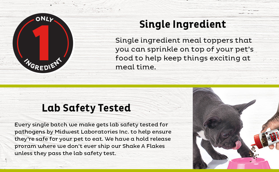 Raised Right - Shake - A - Flakes: Close-up showing the single-ingredient composition and lab safety tested certification, ensuring quality and safety.