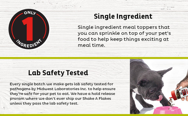 Raised Right - Shake - A - Flakes: Close-up showing the single-ingredient composition and lab safety tested certification, ensuring quality and safety.