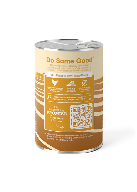 Back view of Open Farm Homestead Chicken Pâté can, displaying nutritional information and ingredient list.