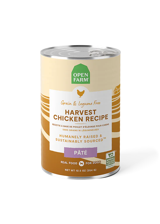 Front view of Open Farm Homestead Chicken Pâté can, featuring ethically sourced chicken and non-GMO ingredients.