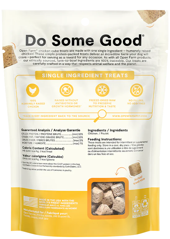 "Back view of Open Farm Freeze-Dried Chicken Dog Treats bag with ingredients"