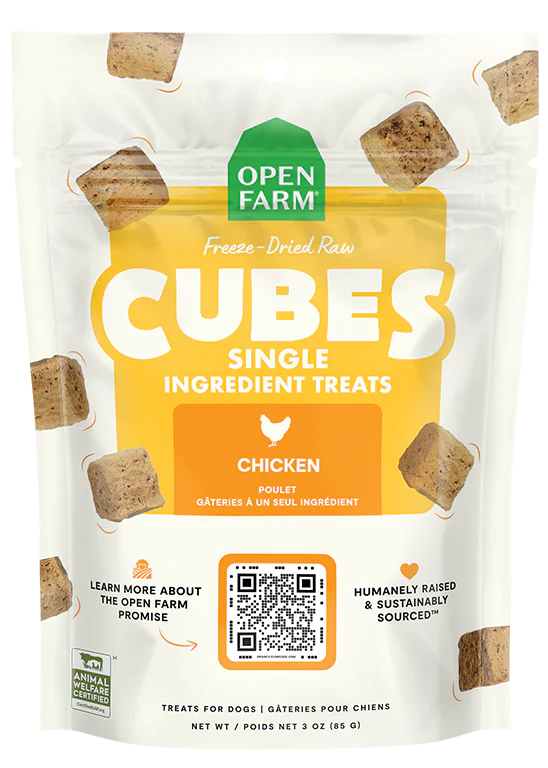 "Front view of Open Farm Freeze-Dried Chicken Dog Treats bag showing branding"