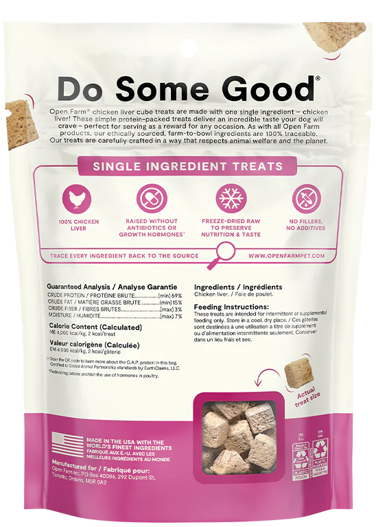 "Back of Open Farm Freeze-Dried Chicken Liver Dog Treats bag showing ingredient transparency"