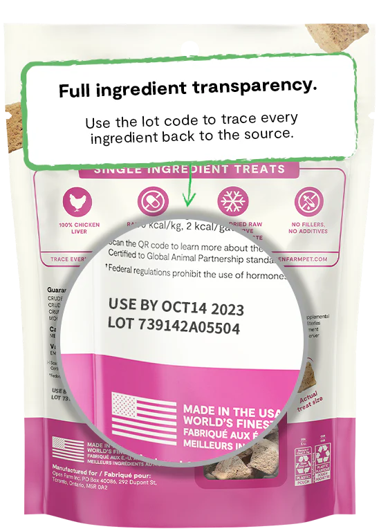 "Back of Open Farm Chicken Liver Dog Treats bag with transparency and sourcing details"