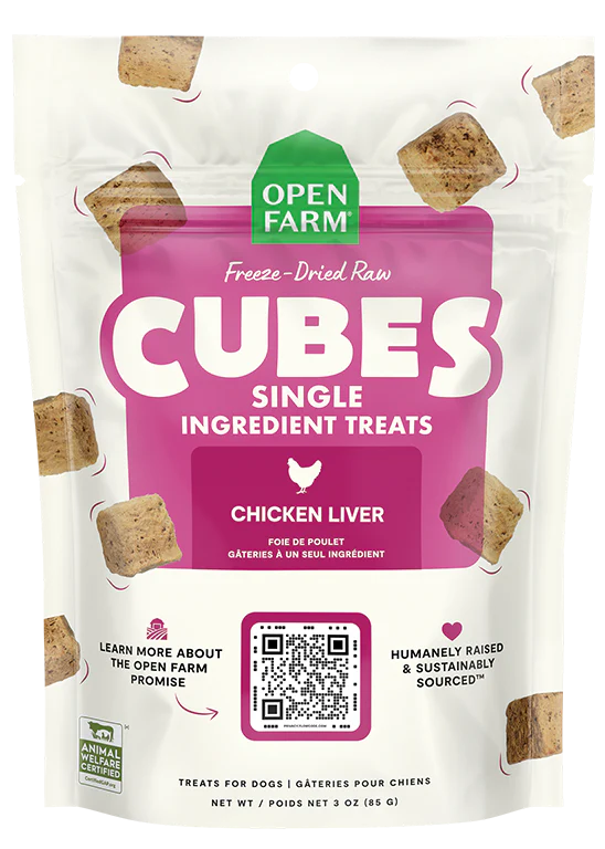 "Front of Open Farm Freeze-Dried Chicken Liver Dog Treats bag showing product branding"