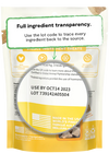 "Open Farm transparency details on the back of the Freeze-Dried Chicken Dog Treats bag"