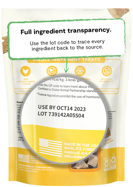 "Open Farm transparency details on the back of the Freeze-Dried Chicken Dog Treats bag"