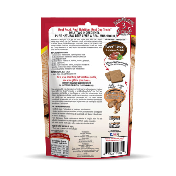 An image of the back of the Benny Bully Beef Liver & Shiitake Mushroom Treats bag, detailing nutritional information and ingredients.