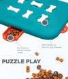 A labeled diagram showcasing the unique bone locks, treat drawers, and durable design of the puzzle
