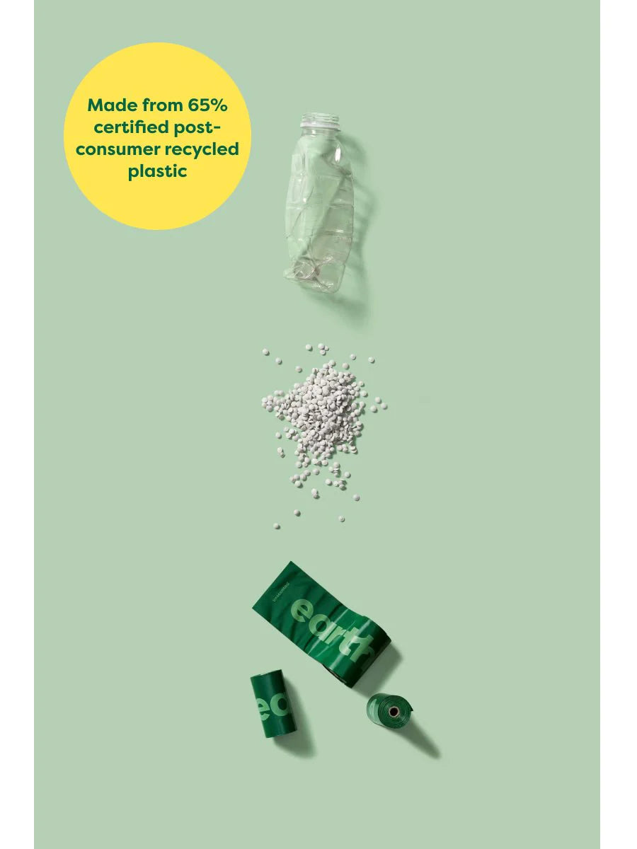 A plastic bottle representing the 65% recycled material used to create Earth Rated Poop Bags, emphasizing their eco-conscious impact.